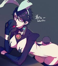  amulet animal_ears bad_id bad_twitter_id bayonetta bayonetta_(series) bayonetta_2 black_hair blue_eyes bow bowtie breasts cropped_jacket dated earrings fake_animal_ears fake_tail female glasses gloves jewelry kara_namako large_breasts leaning_forward looking_at_viewer mask meme_attire mole mole_under_mouth pasties playboy_bunny rabbit_ears rabbit_pasties rabbit_tail removing_mask revealing_clothes reverse_bunnysuit reverse_outfit short_hair shrug_(clothing) solo tail thighhighs translated 