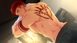  1boy arm_tattoo ass back_tattoo bara belt collaboration couch derek_kingsfield highres indoors jock_studio_(blits_games) looking_at_viewer male_focus mikkoukun muscular muscular_male nipples non-web_source official_art pants parted_lips pectorals red_hair shirt solo tattoo undressing variant_set white_shirt zamius 