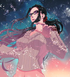  alternate_costume alternate_hairstyle aurora bad_id bad_twitter_id bayonetta bayonetta_(series) black_hair blue_eyes breasts casual collarbone earrings female glasses highres jewelry kara_namako knit_sweater long_hair looking_at_viewer medium_breasts mole mole_under_mouth navel ponytail scrunchie sidelocks solo sparkle upper_body 