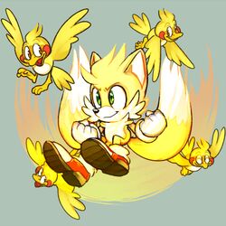  1:1 8xenon8_(artist) anthro avian bird blue_flicky canid canine clothing feral fist flicky footwear fox fur gloves green_eyes grey_background group handwear letterbox male mammal sega shoes simple_background smile sonic_the_hedgehog_(series) super_form super_tails tails white_body white_fur yellow_body yellow_fur 