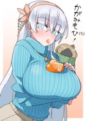  absurdres akitokage alternate_breast_size alternate_costume anastasia_(fate) bad_id bad_pixiv_id blue_eyes blue_sweater blush breast_hold breasts brown_skirt commentary_request doll earrings fate/grand_order fate_(series) female food food_in_mouth fruit gradient_background hairband highres huge_breasts jewelry long_hair long_sleeves looking_at_viewer mandarin_orange oppai_mochi ribbed_sweater skirt solo sweater sweater_tucked_in translated turtleneck viy_(fate) 