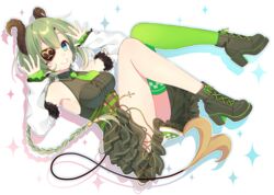  adapted_costume aqua_eyes armpits bare_shoulders boots braid breasts center_frills commentary_request curled_horns demon_horns demon_tail detached_sleeves dress eyepatch female frills green_dress green_hair green_thighhighs grin hands_up high_heel_boots high_heels highres honey_strap horns kusumoto_shizuru long_hair long_sleeves looking_at_viewer medium_breasts nanashi_inc. necktie sekishiro_mico short_necktie single_braid single_thighhigh smile solo tail thighhighs thighs underbust virtual_youtuber wing_collar 