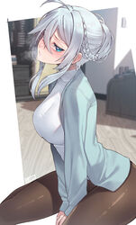  ahoge arm_support blue_eyes blush borrowed_character braid breasts breath eyelashes female french_braid grey_hair half_updo heavy_breathing highres jacket jjune large_breasts looking_at_viewer no_pants original pantyhose shiny_clothes shiny_legwear short_hair sitting solo turtleneck yukino_(zeroshiki_kouichi) 