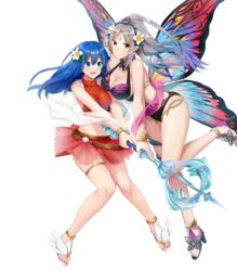  2girls bare_shoulders belt bikini bikini_skirt blue_eyes blue_hair blush bracelet breasts caeda_(fire_emblem) caeda_(summer)_(fire_emblem) casual_one-piece_swimsuit cleavage cleavage_cutout clothing_cutout fairy_wings fire_emblem fire_emblem:_mystery_of_the_emblem fire_emblem_heroes full_body gradient_hair grey_hair hair_ornament high_heels highres holding jewelry large_breasts leg_up long_hair medium_breasts midriff multicolored_hair multiple_girls navel non-web_source official_art one-piece_swimsuit open_mouth plumeria_(fire_emblem) plumeria_(summer)_(fire_emblem) pointy_ears ponytail purple_hair red_eyes ryouma_(galley) sandals see-through shiny sidelocks smile stomach swimsuit thigh_strap thighs thorns tied_hair toes transparent_background wings 