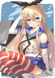  black_hairband black_panties blonde_hair blue_eyes blue_sailor_collar blue_skirt commentary_request crop_top dress elbow_gloves female gloves hairband highleg highleg_panties kantai_collection long_hair microskirt miniskirt o-sirius panties pleated_dress sailor_collar salute shimakaze_(kancolle) sitting skirt solo striped_clothes striped_thighhighs thighhighs underwear white_gloves 