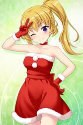  alternative_girls artist_request bare_shoulders blonde_hair choker closed_mouth dress female gloves green_background hand_on_own_hip highres mizushima_airi official_art one_eye_closed purple_eyes red_dress red_gloves santa_costume side_ponytail sleeveless sleeveless_dress smile v 