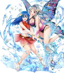  2girls bare_shoulders belt bikini bikini_skirt blue_eyes blue_hair blush bracelet breasts caeda_(fire_emblem) caeda_(summer)_(fire_emblem) casual_one-piece_swimsuit cleavage cleavage_cutout clothing_cutout fairy_wings fire_emblem fire_emblem:_mystery_of_the_emblem fire_emblem_heroes full_body gradient_hair grey_hair hair_ornament high_heels highres holding jewelry large_breasts leg_up long_hair medium_breasts midriff multicolored_hair multiple_girls navel non-web_source official_art one-piece_swimsuit open_mouth plumeria_(fire_emblem) plumeria_(summer)_(fire_emblem) pointy_ears ponytail purple_hair red_eyes ryouma_(galley) sandals see-through shiny sidelocks smile standing stomach swimsuit thigh_strap thighs thorns tied_hair toes transparent_background water water_drop wings 