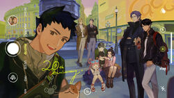  3girls 5boys =_= animal barok_van_zieks black_cloak black_eyes black_hair black_headwear black_jacket black_shirt black_skirt black_vest blonde_hair blue_eyes blue_jacket blue_pants blue_suit brown_jacket canine car chuunosuke_(ace_attorney) cloak closed_mouth collared_shirt crossed_arms eyewear_on_head facial_hair fake_phone_screenshot fake_screenshot feline formal gina_lestrade green_jacket grey_pants gyakuten_saiban hair_rings hand_in_pocket hat head_rest herlock_sholmes highres iris_wilson jacket kazuma_asogi lamppost looking_at_viewer motor_vehicle moustache multiple_boys multiple_girls nanjou_(sumeragimishiro) necktie open_mouth outdoors pants pink_hair pink_shirt purple_hair purple_skirt ryunosuke_naruhodo shirt shoes short_hair skirt smile suit susato_mikotoba teeth the_great_ace_attorney toby_(ace_attorney) vest wagahai_(ace_attorney) watch white_footwear white_shirt wristwatch yujin_mikotoba 