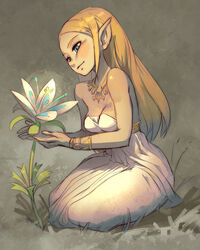  backless_dress backless_outfit bare_shoulders blonde_hair blue_eyes bracer breasts cleavage dress female flower full_body highres jewelry long_dress long_hair long_pointy_ears medium_breasts necklace no_bra nose pointy_ears princess_zelda seiza silent_princess sitting solo strapless strapless_dress the_legend_of_zelda the_legend_of_zelda:_breath_of_the_wild white_dress xaxaxa 