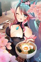  absurdres animal_ears black_kimono blue_eyes blue_hair blue_tail breasts cleavage cleavage_cutout clothing_cutout commentary english_commentary female food highres hip_vent holding holding_food japanese_clothes kimono large_breasts long_hair looking_at_viewer multicolored_hair multicolored_tail noodles oerba_yun_fang one_eye_closed pink_hair pink_tail ramen second-party_source silvervale silvervale_(sakura_goddess) smile streaked_hair tail tongue tongue_out usahana101 virtual_youtuber vshojo wolf_ears wolf_girl 