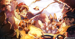  1boy 1other 2girls absurdres animal_ears arms_up blonde_hair brown_hair cooking_pot extra_arms faputa flying food furry helmet highres levi_storm made_in_abyss meinya_(made_in_abyss) multiple_girls multiple_tails nanachi_(made_in_abyss) narehate rabbit_ears regu_(made_in_abyss) riko_(made_in_abyss) sitting smile tail white_hair 