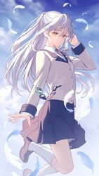  angel_beats! black_skirt blazer brown_footwear closed_mouth falling_feathers feathers female floating_hair heaven_burns_red highres jacket loafers long_hair long_sleeves looking_afar lq_saku miniskirt neck_ribbon outdoors pleated_skirt ribbon school_uniform shirt shoes skirt socks solo tachibana_kanade white_hair white_shirt white_socks yellow_eyes yellow_jacket yellow_ribbon 