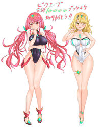  2girls absurdres alternate_hairstyle blonde_hair breasts chest_jewel competition_swimsuit feichu_keju headpiece highres large_breasts multiple_girls mythra_(radiant_beach)_(xenoblade) mythra_(xenoblade) one-piece_swimsuit pyra_(pro_swimmer)_(xenoblade) pyra_(xenoblade) pyra_(xenoblade)_(prototype) red_one-piece_swimsuit strapless striped_clothes striped_one-piece_swimsuit swept_bangs swimsuit tiara twintails two-tone_swimsuit white_one-piece_swimsuit xenoblade_chronicles_(series) xenoblade_chronicles_2 yellow_eyes 