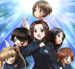  6+girls black_eyes black_hair black_ribbon blouse blue_eyes blue_hair blue_jacket brown_eyes brown_hair bug butterfly commentary_request freckles frown girls_und_panzer glasses hair_ribbon headphones holding holding_map holding_microphone jacket kohinore long_hair long_sleeves map maruyama_saki microphone multiple_girls name_tag ooarai_school_uniform oono_aya open_mouth parted_bangs parted_lips ribbon round_eyewear sakaguchi_karina sawa_azusa school_uniform shirt short_hair standing track_jacket utsugi_yuuki white_shirt yamagou_ayumi zipper 