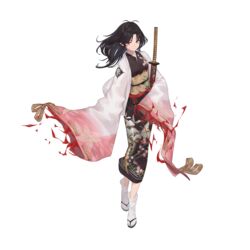  absurdres artist_request black_hair closed_mouth female full_body highres holding holding_sword holding_weapon illusion_connect japanese_clothes katana kimono long_hair long_sleeves looking_at_viewer maki_(illusion_connect) obi official_art red_eyes sandals sash simple_background sleeves_past_fingers sleeves_past_wrists solo sword tabi third-party_source transparent_background weapon wide_sleeves 