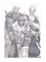  2girls 6+boys adventurer_(ff14) alisaie_leveilleur alphinaud_leveilleur animal_ears archon_mark arm_around_shoulder armor cat_ears dress elezen elf estinien_varlineau final_fantasy final_fantasy_xiv g&#039;raha_tia highres hyur miqo&#039;te monochrome multiple_boys multiple_girls pointy_ears short_hair shoulder_spikes smile spikes standing tail tall_male thancred_waters urianger_augurelt warrior_of_light_(ff14) y&#039;shtola_rhul yil 