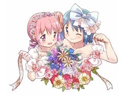  2girls blue_eyes blue_hair blush bow flowers gloves headband kaname_madoka kirikuchi_riku mahou_shoujo_madoka_magica miki_sayaka pink_eyes pink_hair ribbons short_hair wedding_attire 