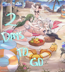  2girls animal_ears anniversary armpits azur_lane bare_shoulders barefoot basket beach bibimbub bikini blue_sky bow breasts brown_eyes brown_hair cat_ears collarbone commentary copyright_name day drake_(azur_lane) drake_(the_golden_hind&#039;s_respite)_(azur_lane) eyewear_on_head flower food fruit full_body grapes green_hair hairbow hat highres holding innertube littorio_(azur_lane) littorio_(the_glory_of_naples)_(azur_lane) logo lotion_bottle lying manjuu_(azur_lane) medium_breasts multicolored_hair multiple_girls navel ocean official_alternate_costume official_art on_stomach outdoors palm_leaf palm_tree pineapple ponytail red_hair sand sandals second-party_source simple_background sitting sky small_breasts smile stomach sun_hat sunglasses suzutsuki_(azur_lane) suzutsuki_(beachside_attendant!)_(azur_lane) swim_ring swimsuit thighs toes tree two-tone_hair water watermelon white_hair 