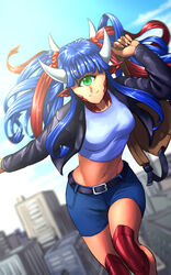  backpack bag black_jacket blue_hair blue_shorts blue_sky blunt_bangs blurry blurry_background breasts cacodemon cityscape commentary crop_top cyclops day doom_(series) english_commentary female green_eyes hair_ornament hair_scrunchie highres horns jacket long_hair long_sleeves looking_at_viewer medium_breasts midriff monster_girl multicolored_hair multiple_horns navel one-eyed outdoors personification pointy_ears red_hair red_scrunchie revision scrunchie shorts sky smile solo streaked_hair substance20 twintails two-tone_hair 