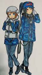  2girls absurdres binoculars blue_eyes coat commentary_request gloves hat headphones helmet high_school_fleet highres japan_maritime_self-defense_force japan_self-defense_force jdsmyoko life_vest long_hair marker_(medium) military military_uniform misaki_akeno multiple_girls munetani_mashiro ponytail red_eyes shoes short_hair traditional_media uniform 