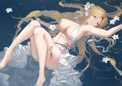  absurdres afloat ass azur_lane blonde_hair blue_eyes breasts brest_(azur_lane) cleavage feet female floating floating_hair flower frills hair_flower hair_ornament highres huijin_zhi_ling large_breasts long_hair looking_at_viewer lying on_back outstretched_arms pointy_ears solo swimsuit thighs water 