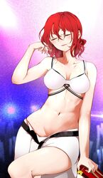  absurdres belt bikini bikini_day blush bra closed_eyes commentary_request drum drumsticks female hand_in_own_hair highres horikawa_raiko instrument kaisenpurin navel open_mouth red_hair sitting_on_drum skirt solo stomach sweat swimsuit taiko_drum touhou underwear white_bikini white_bra white_skirt 