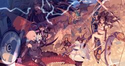  3boys 6+girls animal animal_on_shoulder armor armored_dress asymmetrical_legwear asymmetrical_sleeves axe bow_(weapon) braid bridal_gauntlets chains cityscape commentary_request dragon dual_persona elbow_gloves electricity enkidu_(fate) ereshkigal_(fate) fate/grand_order fate_(series) floating flying fou_(fate) giant giantess gilgamesh_(caster)_(fate) gilgamesh_(fate) gloves gorgon_(fate) green_hair harpe heavenly_boat_maanna highres holding holding_scythe ishtar_(fate) left-handed light_purple_hair lord_camelot_(fate) mash_kyrielight medusa_(fate) medusa_(lancer)_(fate) merlin_(fate) meslamtaea_(weapon) multiple_boys multiple_girls okazaki_oka purple_hair quetzalcoatl_(fate) quetzalcoatlus riding scenery scythe shield siblings sidesaddle single_braid single_elbow_glove sisters toeless_legwear uneven_legwear uneven_sleeves weapon wyvern 