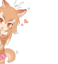  :d ancolatte_(onikuanco) animal_ear_fluff animal_ears blush commentary empty_eyes female fur_collar gradient_hair hair_between_eyes hair_flaps heart highres japanese_wolf_(kemono_friends) kemono_friends light_brown_hair long_hair looking_at_viewer motion_lines multicolored_hair open_mouth orange_eyes peeking_out plaid plaid_skirt pleated_skirt simple_background skirt smile solo tail thighhighs white_background white_hair wolf_ears wolf_girl wolf_tail 