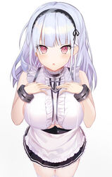  apron azur_lane black_hairband breasts center_frills choker clothing_cutout dido_(azur_lane) female frilled_choker frilled_shirt frills from_above hairband hands_on_own_chest highres large_breasts long_hair looking_at_viewer maid maid_apron nannann purple_eyes shirt sleeveless sleeveless_shirt solo thighhighs underboob underboob_cutout waist_apron white_apron white_hair white_shirt white_thighhighs zettai_ryouiki 