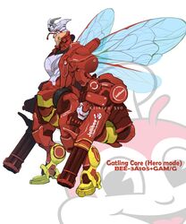  1other absurdres antennae armor artist_name bodysuit camera decal dual_wielding english_text gatling_gun gun highres holding insect_wings jollibee jollibee_(mascot) keiryuu_seo machine_gun mecha no_humans original power_armor robot weapon white_background wings 