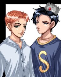  2boys animification archie archie_andrews bad_deviantart_id bad_id bad_link black_eyes black_hair crown dracoplato freckles green_eyes jughead_jones multiple_boys orange_hair shirt short_hair smile sweater white_shirt 