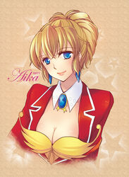  agent_aika aika_(series) azami_yuuko blonde_hair blue_brooch blue_eyes blush body_blush breasts brooch bustier cleavage closed_mouth collar collarbone commentary_request copyright_name detached_collar earrings female folded_ponytail hair_between_eyes highres jacket jewelry long_hair looking_at_viewer medium_breasts photoshop_(medium) red_jacket smile solo star_(symbol) sumeragi_aika upper_body white_collar yellow_bustier 