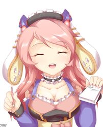  bad_id bad_pixiv_id breasts cleavage closed_eyes collarbone female hair_ornament highres large_breasts long_sleeves notepad open_mouth original pen pink_hair psychopath_idiot smile solo upper_body waitress 