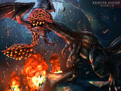  battle bazelgeuse bioluminescence biting claws commentary_request copyright_name debris deviljho dinosaur dragon drooling explosion fire flying full_body glowing glowing_eyes highres monster_hunter:_world monster_hunter_(series) no_humans outdoors raruru scales sparks spikes standing western_dragon wyvern 