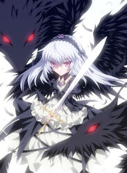  bird_wings black_wings commentary_request detached_collar dress feathers female flower frilled_sleeves frills gothic_lolita lolita_fashion long_hair looking_at_viewer pink_eyes rie_(minori) rose rozen_maiden solo suigintou sword tsurime weapon white_hair wings 