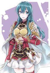  aiueo1234853 aqua_eyes aqua_hair armor bad_id bad_twitter_id blue_hair breastplate commentary_request eirika_(fire_emblem) female fingerless_gloves fire_emblem fire_emblem:_the_sacred_stones fire_emblem_heroes gloves highres long_hair parted_lips red_gloves shoulder_armor skirt solo white_skirt 