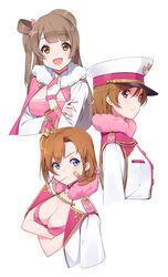  3girls :d aiguillette bandaid bandaid_on_face blue_eyes blush bow breasts cleavage commentary_request crossed_arms downblouse epaulettes fingerless_gloves from_side fur_trim gloves hair_ornament hair_ribbon hairbow hat heart heart_print highres jacket jacket_on_shoulders kamo_kamen koizumi_hanayo kosaka_honoka leaf light_brown_hair long_hair long_sleeves looking_at_viewer love_live! love_live!_school_idol_project medium_breasts minami_kotori mouth_hold multiple_girls one_side_up open_mouth orange_eyes parted_bangs peaked_cap photoshop_(medium) pink_bow printemps_(love_live!) purple_eyes ribbon short_hair simple_background smile upper_body white_background 