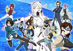  4boys 6+girls :d abyssal_ship aila_jyrkiainen ascot beret black_hair black_pantyhose black_thighhighs blue_eyes blue_hair breasts brown_eyes brown_hair cleavage colored_skin commentary_request crossover dress garter_straps grin gundam gundam_build_fighters hair_flaps hakama hakama_skirt hat hexagon hibiki_(kancolle) iori_sei japanese_clothes kaga_(kancolle) kantai_collection koutarou_(plusdrive) large_breasts long_hair machinery medium_breasts meijin_kawaguchi midway_princess multiple_boys multiple_girls muneate navel open_mouth pantyhose pleated_skirt ponytail purple_hair red_eyes red_hair reiji_(gundam_bf) remodel_(kantai_collection) ricardo_fellini school_uniform serafuku shiranui_(kancolle) short_hair side_ponytail skirt smile sunglasses takao_(kancolle) tasuki thighhighs turret v-shaped_eyebrows white_dress white_hair white_skin yuubari_(kancolle) yuudachi_(kancolle) yuuki_tatsuya_(gundam_bf) 