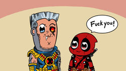  2boys :3 animification bkub_(style) cable_(marvel) chinese_commentary commentary_request deadpool deadpool_(series) deadpool_2 ei_ei_okotta? english_text hungyu marvel multiple_boys parody photoshop_(medium) poptepipic profanity saliva speech_bubble style_parody x-men 