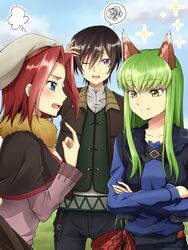  1boy 2girls animal_ears black_capelet black_pants blue_eyes blue_shirt brown_hair brown_scarf c.c. capelet code_geass collarbone commentary_request cosplay craft_lawrence craft_lawrence_(cosplay) crossed_legs day fukuyama_jun green_hair grey_hat grey_shirt hand_on_own_head hat highres holo holo_(cosplay) index_finger_raised koshimizu_ami kouzuki_kallen lelouch_vi_britannia long_hair multiple_girls one_eye_closed open_mouth outdoors pants purple_eyes purple_shirt red_hair scarf setu_kurokawa shirt short_hair signature smile speech_bubble spice_and_wolf sweatdrop voice_actor_connection wolf_ears yellow_eyes 