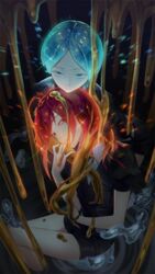  2others ahoge androgynous aqua_eyes aqua_hair arms_around_neck bad_id bad_pixiv_id blue_eyes blue_hair cinnabar_(houseki_no_kuni) colored_eyelashes commentary crystal_hair gem_uniform_(houseki_no_kuni) gold golden_arms houseki_no_kuni hug hug_from_behind long_bangs looking_at_viewer melting mercury_(element) multiple_others oninaart other_focus phosphophyllite red_eyes red_hair short_hair spoilers 