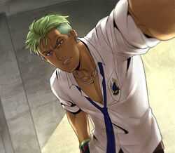  &gt;:( 1boy blue_necktie bracelet clenched_teeth collarbone collared_shirt commentary_request dark-skinned_male dark_skin earrings emblem foreshortening frown green_hair head_tilt indoors jewelry king_of_prism king_of_prism_by_prettyrhythm looking_at_viewer male_focus necklace necktie nkdr2000 outstretched_arm parted_lips pretty_rhythm pretty_series purple_eyes serious shirt short_sleeves solo stud_earrings sunlight teeth upper_body v-shaped_eyebrows wall white_shirt yamato_alexander 