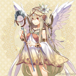  bangle bare_shoulders bracelet brown_hair collarbone commentary_request detached_sleeves dress female flower hair_flower hair_ornament himekiss jewelry long_hair red_eyes solo staff watermark wings zaza_(x-can01) 