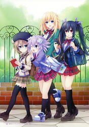  4girls ;d absurdres artbook bag beret black_pantyhose black_socks black_thighhighs blanc_(neptunia) blazer blonde_hair blue_eyes blush book bow bowtie brown_footwear brown_hair buttons cellphone charm_(object) d-pad d-pad_hair_ornament day detached_sleeves footwear_bow full_body gekijigen__blanc_+_neptune_vs_zombie_gundan hair_between_eyes hair_ornament hat highres holding holding_book holding_phone indoors jacket kneehighs leg_up loafers long_sleeves multiple_girls neptune_(neptunia) neptune_(series) noire_(neptunia) official_art one_eye_closed open_mouth pantyhose phone plaid plaid_bow plaid_neckwear plaid_skirt pleated_skirt railing scan school_bag school_uniform shoes skirt smile socks thighhighs tsunako twintails vert_(neptunia) zettai_ryouiki 