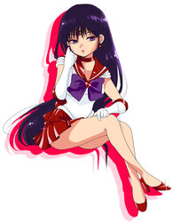  adjusting_hair back_bow bare_legs bishoujo_senshi_sailor_moon black_hair bow bowtie choker elbow_gloves full_body gloves hino_rei long_hair purple_eyes purple_hair red_footwear red_sailor_collar red_skirt sailor_collar sailor_mars sailor_senshi_uniform shoes sitting skirt solo sparkle suika_(swimy0pe0u_u0s) white_background white_gloves 