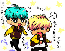  2boys bigbang blonde_hair blue_hair chibi daesung highres k-pop letterman_jacket male male_focus multiple_boys open_mouth running running_man t.o.p_(bigbang) 