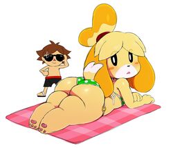  1boy adjusting_eyewear animal_crossing animal_ears ass beach_towel bikini dog_ears dog_girl dog_tail eric_lowery female furry furry_female hand_on_own_hip isabelle_(animal_crossing) lens_flare looking_at_viewer lying male_swimwear on_stomach plump sandals sunglasses swim_trunks swimsuit tail thick_thighs thighs towel villager_(animal_crossing) 