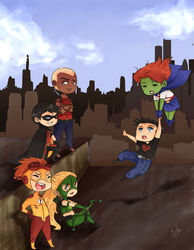  4boys alien aqua_lad artemis_crock black_hair blonde_hair bodysuit bow_(weapon) chibi dark_skin dc_comics dick_grayson domino_mask flying goggles green_skin kaldur&#039;ahm kid_flash mask miss_martian multiple_boys ponytail red_hair robin_(dc) smile superboy wally_west weapon young_justice:_invasion 