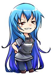  absurdly_long_hair alternate_costume bad_id bad_twitter_id blue_hair chibi contemporary cropped_legs evil_grin evil_smile female grin hands_on_own_hips hinanawi_tenshi koro_(cookie) long_hair parted_lips red_eyes simple_background smile solo sweat teeth touhou very_long_hair white_background 