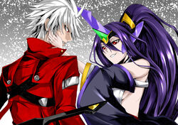  1boy bare_shoulders belt blazblue breasts brother_and_sister clenched_teeth coat detached_sleeves female hades_izanami hair_ornament long_hair mikado_(blazblue) open_mouth ponytail purple_hair ragna_the_bloodedge red_eyes short_hair siblings sideboob sword teeth weapon white_hair 